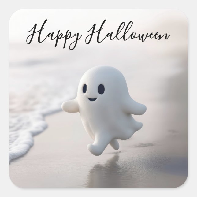 Pegatina Cuadrada Cute Halloween Ghost Running On a Beach (Anverso)