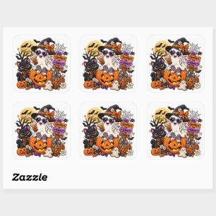 Pegatina Cuadrada Cute Halloween Ghost Sticker Vibraciones Espeluz