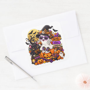 Pegatina Cuadrada Cute Halloween Ghost Sticker Vibraciones Espeluz