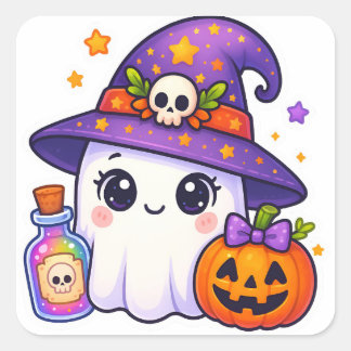 Pegatina Cuadrada Cute Halloween Ghost Witch Sticker – Kawaii Ghost