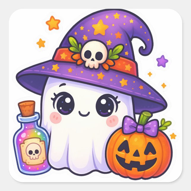 Pegatina Cuadrada Cute Halloween Ghost Witch Sticker – Kawaii Ghost  (Anverso)