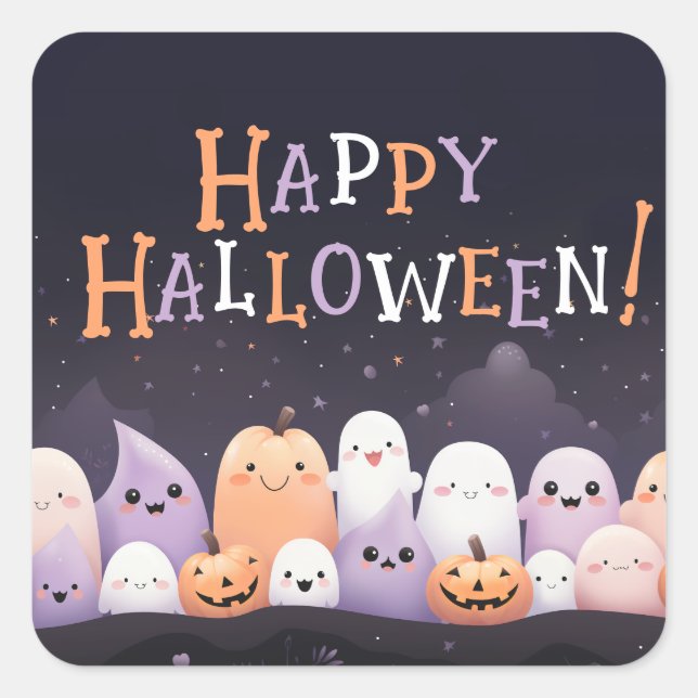 Pegatina Cuadrada Cute Halloween Kawaii Ghost (Anverso)
