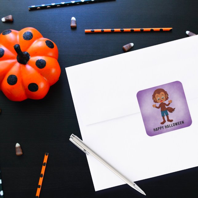 Pegatina Cuadrada Cute Halloween Party para niños Werewolf (Subido por el creador)