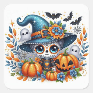 Pegatina Cuadrada Cute Halloween Sugar Skull Witch