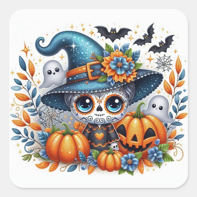 Pegatina Cuadrada Cute Halloween Sugar Skull Witch (Anverso)