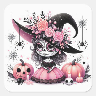 Pegatina Cuadrada Cute Halloween Sugar Skull Witch