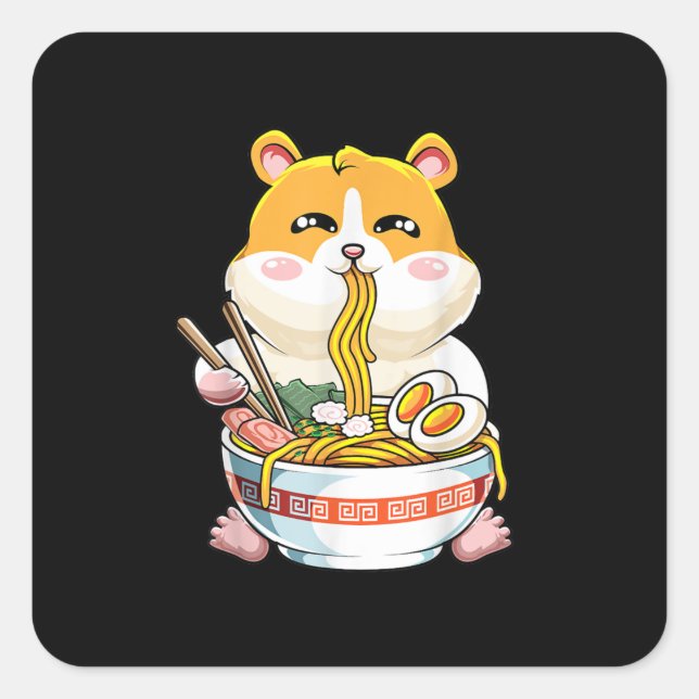 Pegatina Cuadrada Cute Hamster Kawaii Ramen (Anverso)