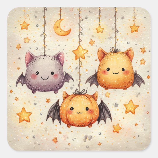Pegatina Cuadrada Cute Hanging Bats Halloween Stickers (Anverso)