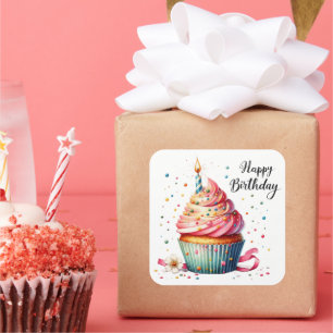 Pegatina Cuadrada Cute Happy Birday cupcake