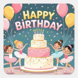 Pegatina Cuadrada Cute Happy Birthday ballerina theme