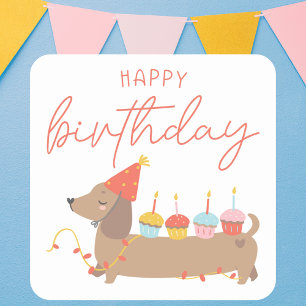 Pegatina Cuadrada Cute Happy Birthday Dog Moderno Cumpleaños