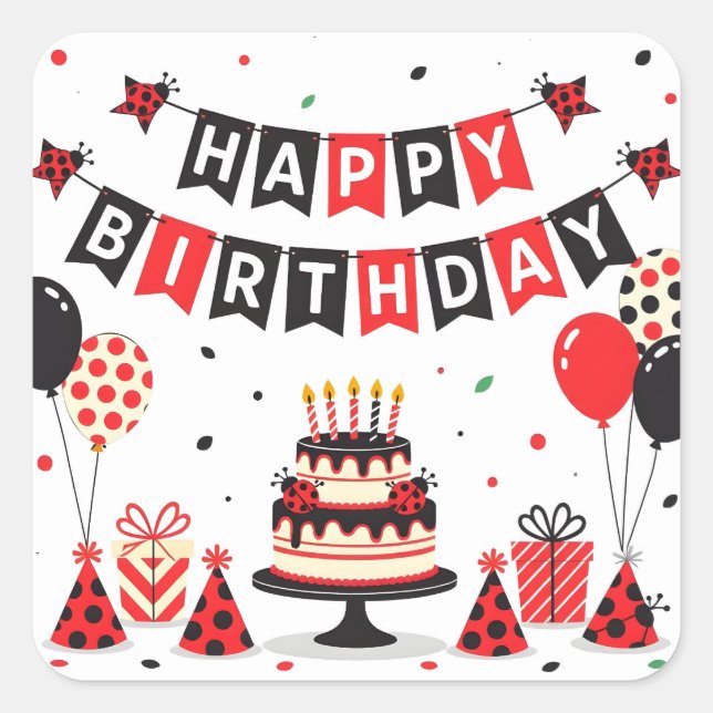 Pegatina Cuadrada Cute Happy Birthday ladybug theme (Anverso)