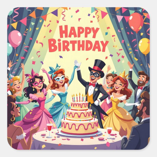 Pegatina Cuadrada Cute Happy Birthday masquerade theme (Anverso)