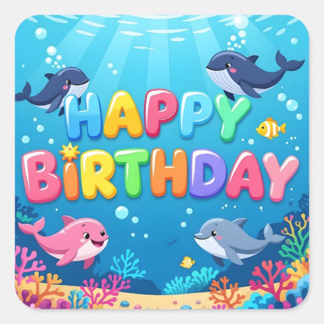 Pegatina Cuadrada Cute Happy Birthday nautical dolphin (Anverso)