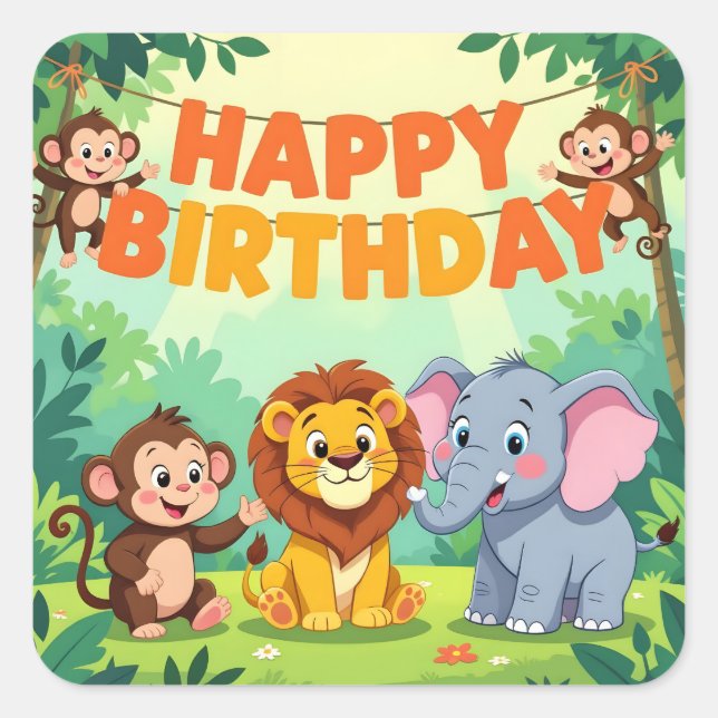 Pegatina Cuadrada Cute Happy Birthday safari theme (Anverso)