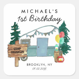 Pegatina Cuadrada Cute Happy Camper Van Trees Camping Kids Cumpleaño