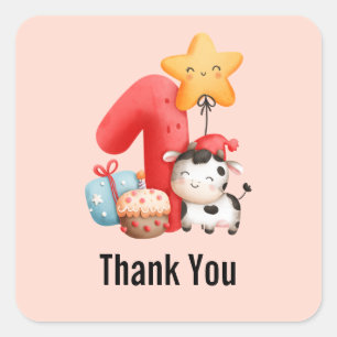 Pegatina Cuadrada Cute Happy Cow First Birthday Gracias