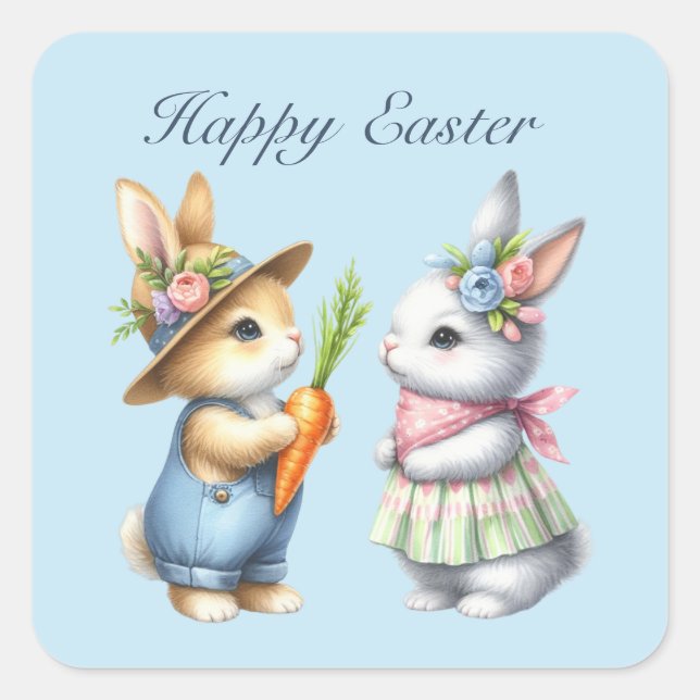 Pegatina Cuadrada Cute Happy Easter bunnies acuarela (Anverso)