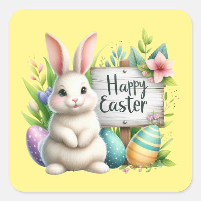 Pegatina Cuadrada Cute Happy Easter conejo acuático (Anverso)