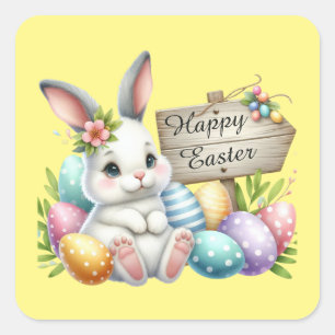 Pegatina Cuadrada Cute Happy Easter conejo acuático