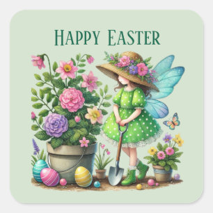 Pegatina Cuadrada Cute Happy Easter fairy agrega mensaje