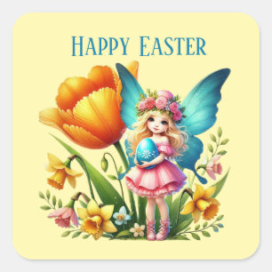 Pegatina Cuadrada Cute Happy Easter fairy agrega mensaje