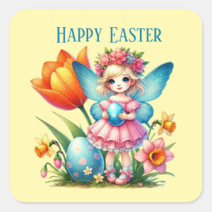 Pegatina Cuadrada Cute Happy Easter fairy agrega mensaje