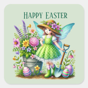 Pegatina Cuadrada Cute Happy Easter fairy agrega mensaje