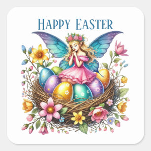 Pegatina Cuadrada Cute Happy Easter fairy agrega mensaje