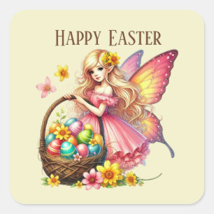 Pegatina Cuadrada Cute Happy Easter fairy agrega mensaje