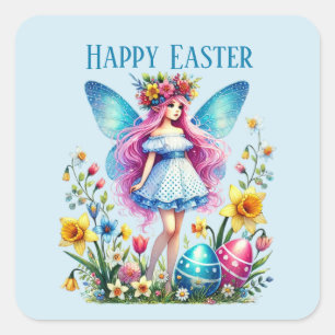 Pegatina Cuadrada Cute Happy Easter fairy agrega mensaje