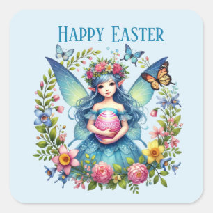 Pegatina Cuadrada Cute Happy Easter fairy agrega mensaje