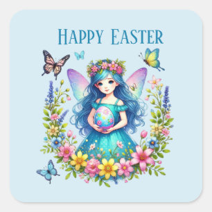 Pegatina Cuadrada Cute Happy Easter fairy agrega mensaje