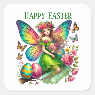 Pegatina Cuadrada Cute Happy Easter fairy agrega mensaje Holiday