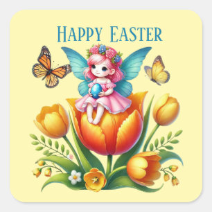 Pegatina Cuadrada Cute Happy Easter fairy agrega mensaje Holiday