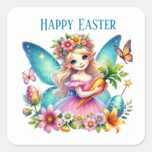 Pegatina Cuadrada Cute Happy Easter fairy agrega mensaje Holiday