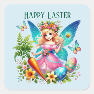 Pegatina Cuadrada Cute Happy Easter fairy agrega mensaje Holiday
