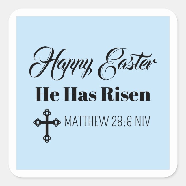 Pegatina Cuadrada Cute Happy Easter He Has Risen Bible Verse blue (Anverso)
