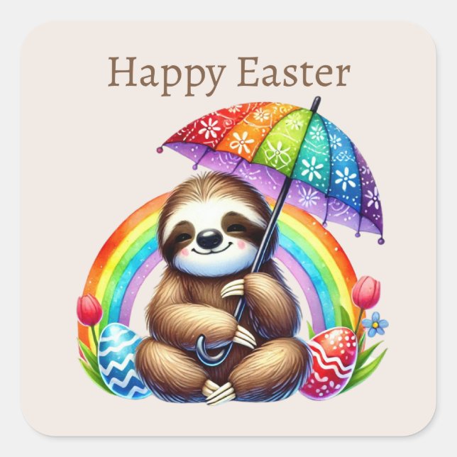Pegatina Cuadrada Cute Happy Easter Sloth (Anverso)