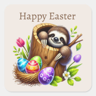 Pegatina Cuadrada Cute Happy Easter Sloth
