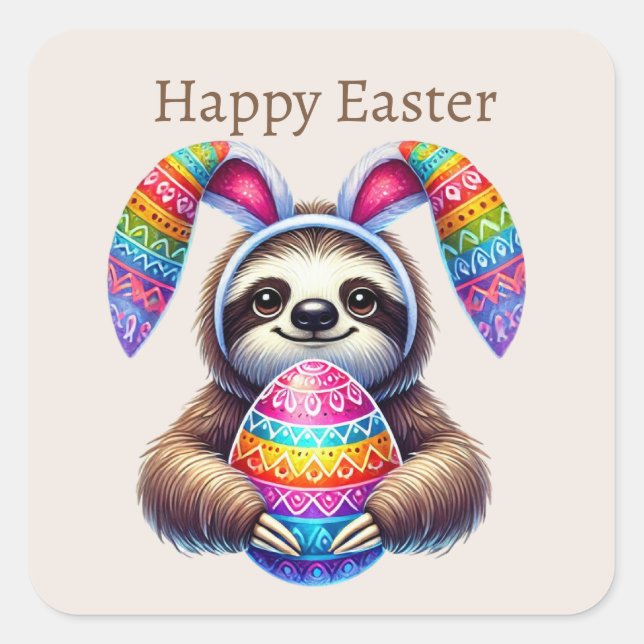 Pegatina Cuadrada Cute Happy Easter Sloth (Anverso)