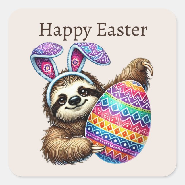 Pegatina Cuadrada Cute Happy Easter Sloth (Anverso)