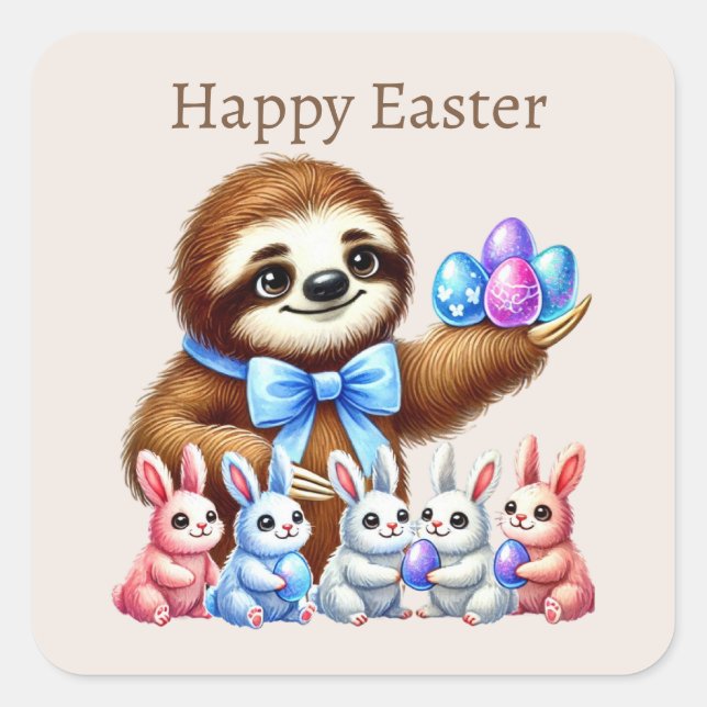 Pegatina Cuadrada Cute Happy Easter Sloth (Anverso)