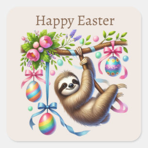 Pegatina Cuadrada Cute Happy Easter Sloth