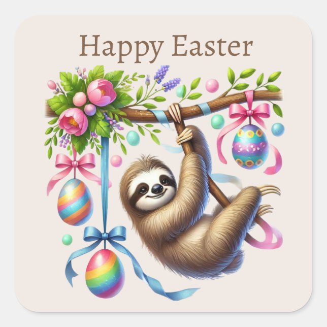 Pegatina Cuadrada Cute Happy Easter Sloth (Anverso)
