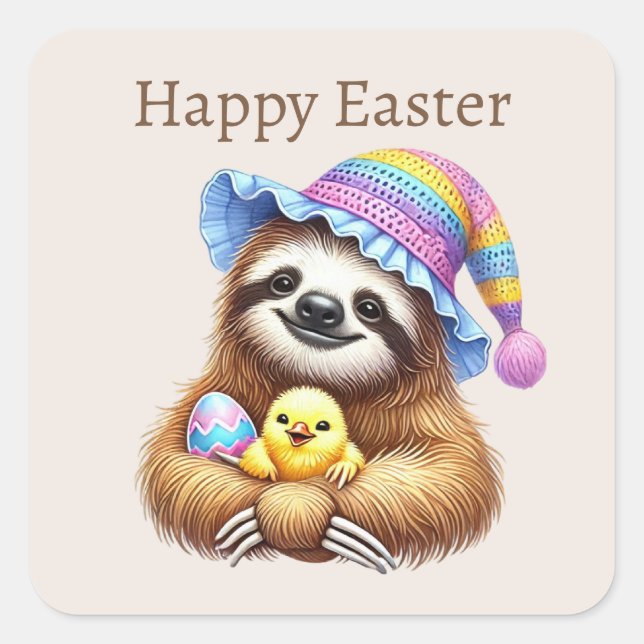 Pegatina Cuadrada Cute Happy Easter Sloth (Anverso)