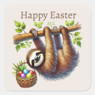 Pegatina Cuadrada Cute Happy Easter Sloth