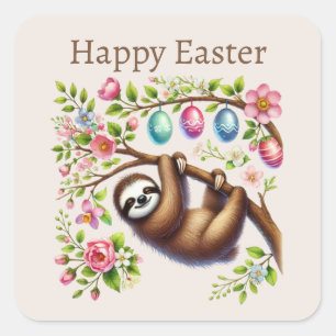 Pegatina Cuadrada Cute Happy Easter Sloth