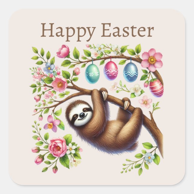 Pegatina Cuadrada Cute Happy Easter Sloth (Anverso)