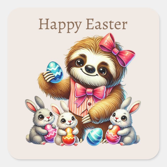 Pegatina Cuadrada Cute Happy Easter Sloth (Anverso)